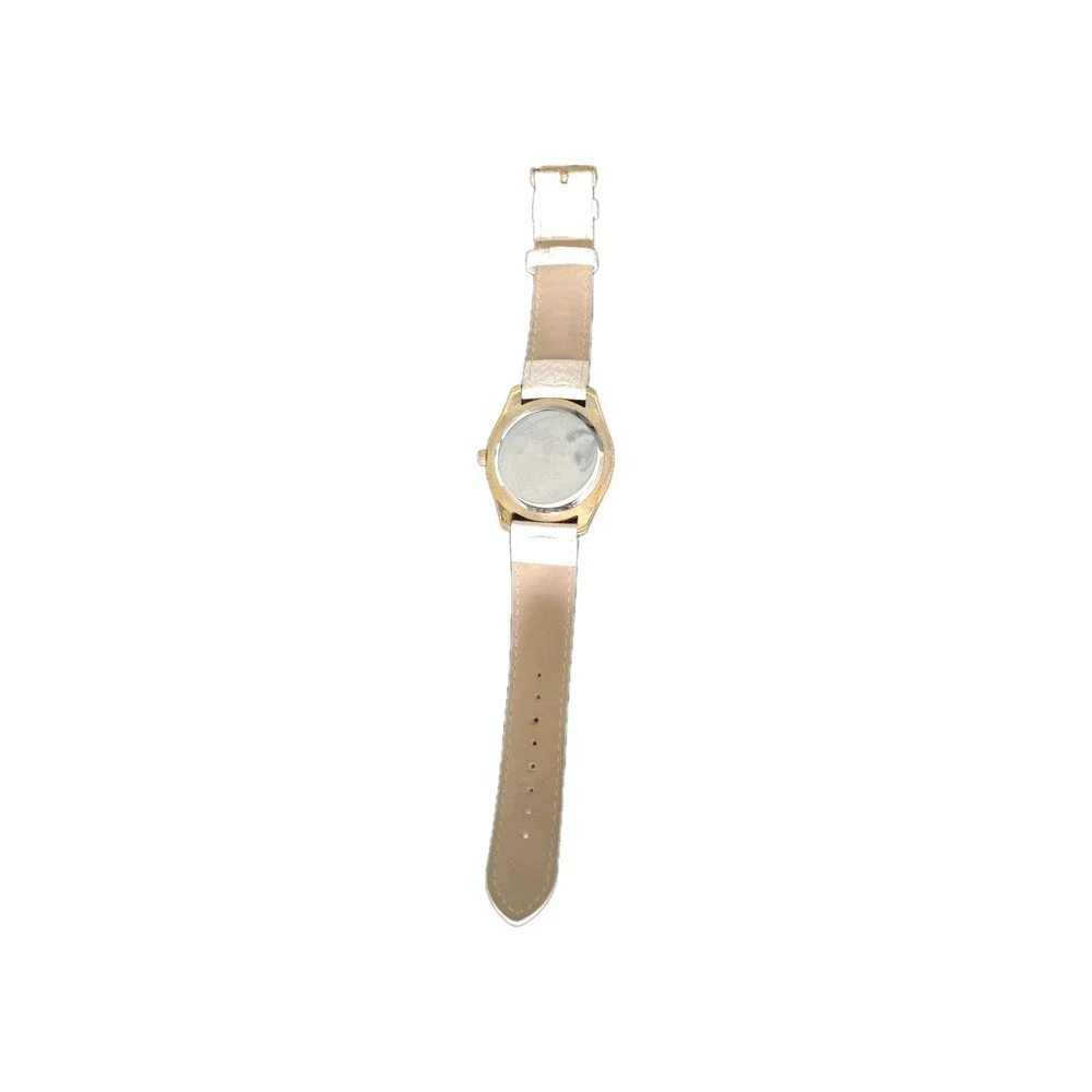 Women's Gold Tone Watch Crystal Bezel White Leather Strap Japan Movt NO:9688